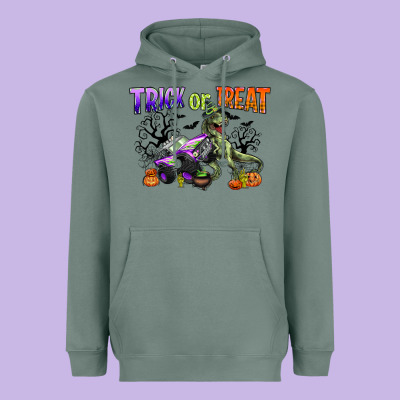 Trick Or Treat With Monster Truck And T Rex Heavyweight Hoodie Designed By Cowgirlartshop