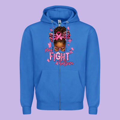 Pray Fight Believe Breast Cancer Afro Messy Zipper Hoodie Designed By Texasbilliewilder
