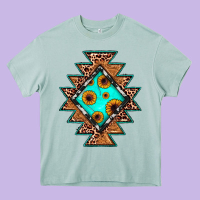 Aztec Leopard Turquoise Sunflower Heavy Core Tee Designed By Jahusdesignshop