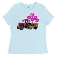 Baby Blue valentines day pink tractor with pink heart balloo Ladies Tee - RanaPortraitStore