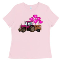 Bubblegum Pink valentines day pink tractor with pink heart balloo Ladies Tee - RanaPortraitStore