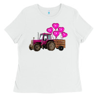 White valentines day pink tractor with pink heart balloo Ladies Tee - RanaPortraitStore