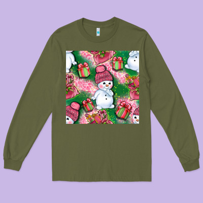 Cute Snowman And Gift Box With Leopard Seamless Pattern Bbs Long Sleeve Tee Designed By Bundleandbundleshop