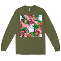 Army Green cute snowman and gift box with leopard seamless pattern bbs Long Sleeve Tee - BundleAndBundleShop