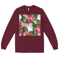 Burgundy cute snowman and gift box with leopard seamless pattern bbs Long Sleeve Tee - BundleAndBundleShop