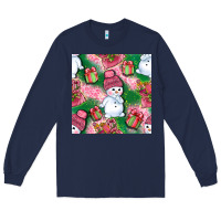 Navy cute snowman and gift box with leopard seamless pattern bbs Long Sleeve Tee - BundleAndBundleShop