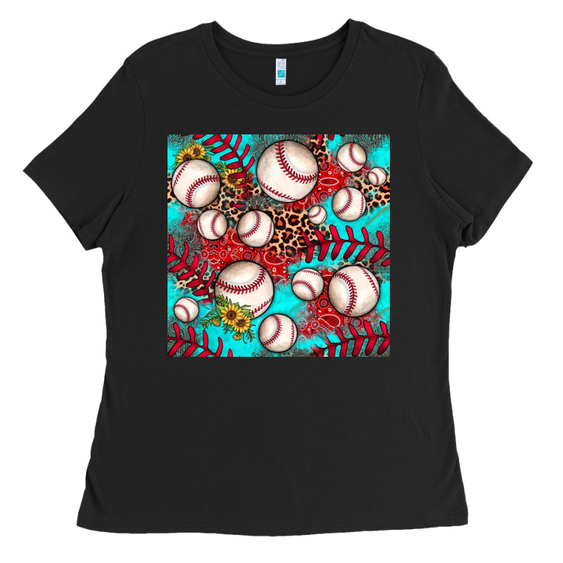 Baseball Leopard Turquoise Sunflower Seamless Pattern Ladies Tee by JahusDesignShop | Teevron