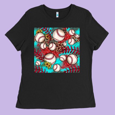 Baseball Leopard Turquoise Sunflower Seamless Pattern Ladies Tee Designed By Jahusdesignshop