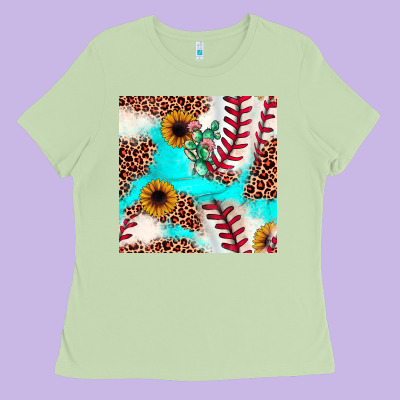 Baseball Leopard Turquoise Cactus Sunflower Seamless Pattern Ladies Tee Designed By Jahusdesignshop