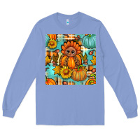 Colony Blue thanksgiving turkey with tartan seamless pattern bbs Long Sleeve Tee - BundleAndBundleShop