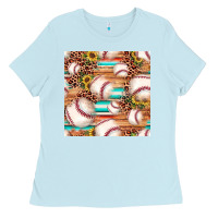 Baby Blue baseball leopard sunflower seamless pattern Ladies Tee - JahusDesignShop