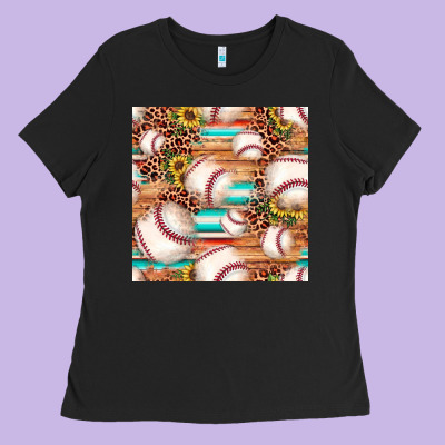 Baseball Leopard Sunflower Seamless Pattern Ladies Tee Designed By Jahusdesignshop