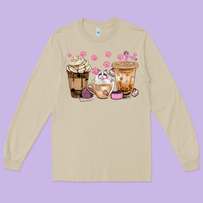 Cat Coffee Cups With Paw Bbs Long Sleeve Tee Designed By Bundleandbundleshop