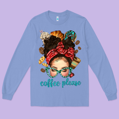 Coffee Please Messy Bun With Coffee Bean Bbs Long Sleeve Tee Designed By Bundleandbundleshop