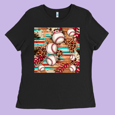 Baseball Leopard Cowhide Turquoise Seamless Pattern Ladies Tee Designed By Jahusdesignshop