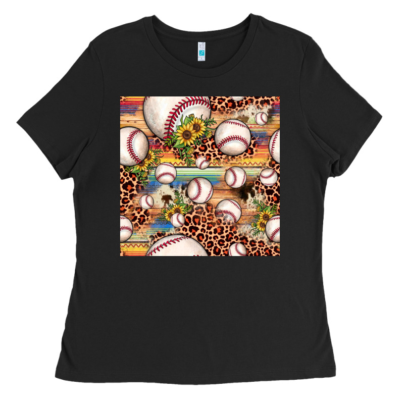 Baseball Leopard Cowhide Sunflower Seamless Pattern Ladies Tee by JahusDesignShop | Teevron