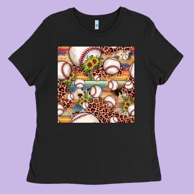 Baseball Leopard Cowhide Sunflower Seamless Pattern Ladies Tee Designed By Jahusdesignshop