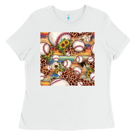 White baseball leopard cowhide sunflower seamless pattern Ladies Tee - JahusDesignShop