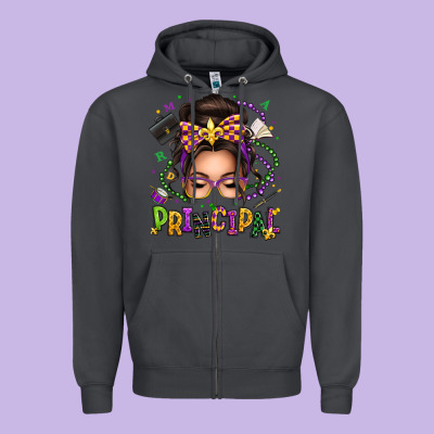 Mardi Gras Principal Caucasian Messy Bun Zipper Hoodie Designed By Texasbilliewilder