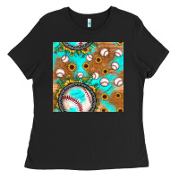 Black baseball turquoise sunflower seamless pattern Ladies Tee - JahusDesignShop
