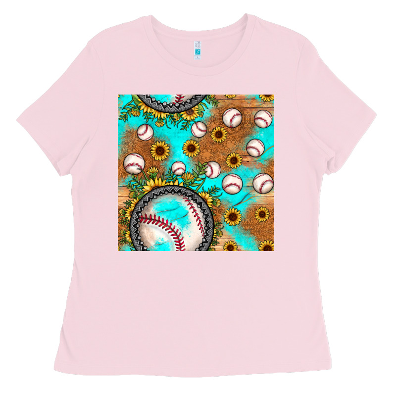 Baseball Turquoise Sunflower Seamless Pattern Ladies Tee by JahusDesignShop | Teevron