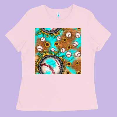 Baseball Turquoise Sunflower Seamless Pattern Ladies Tee Designed By Jahusdesignshop