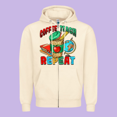 Coffee Teach Repeat Zipper Hoodie Designed By Nancycooperartshop