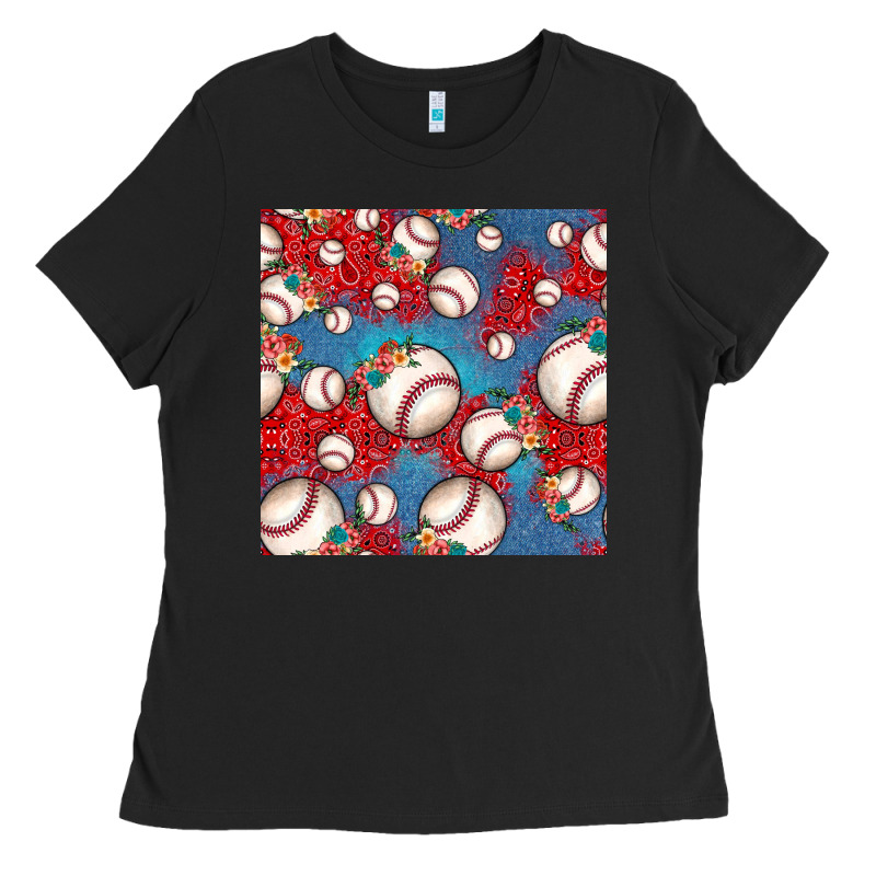 Baseball Paisley And Jean Pattern, Baseball Seamless Pattern Ladies Tee by JahusDesignShop | Teevron