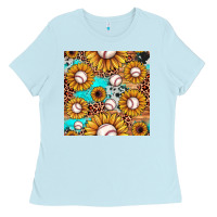 Baby Blue baseball leopard turquoise sunflower seamless pattern Ladies Tee - JahusDesignShop