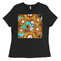 Black baseball leopard turquoise sunflower seamless pattern Ladies Tee - JahusDesignShop