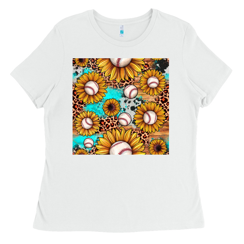Baseball Leopard Turquoise Sunflower Seamless Pattern Ladies Tee by JahusDesignShop | Teevron