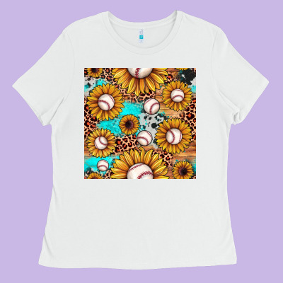 Baseball Leopard Turquoise Sunflower Seamless Pattern Ladies Tee Designed By Jahusdesignshop