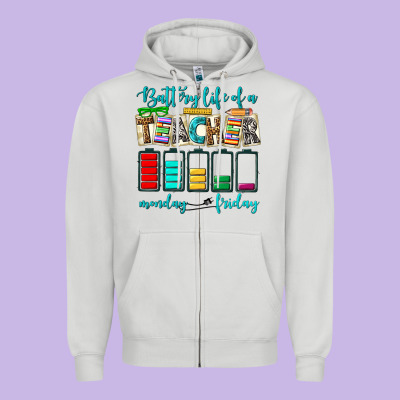 Battery Life Of A Teacher Monday Friday Zipper Hoodie Designed By Nancycooperartshop