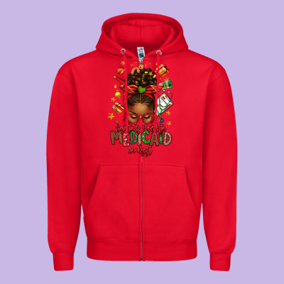 Santa's Favorite Medicaid Analyst Afro Messy Bun Zipper Hoodie Designed By Texasbilliewilder