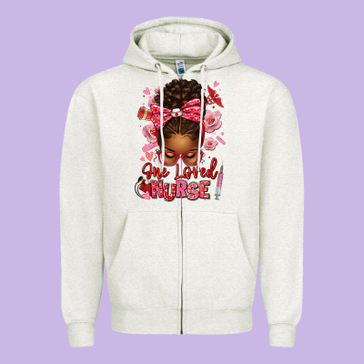 One Loved Nurse Afro Messy Bun Zipper Hoodie Designed By Texasbilliewilder