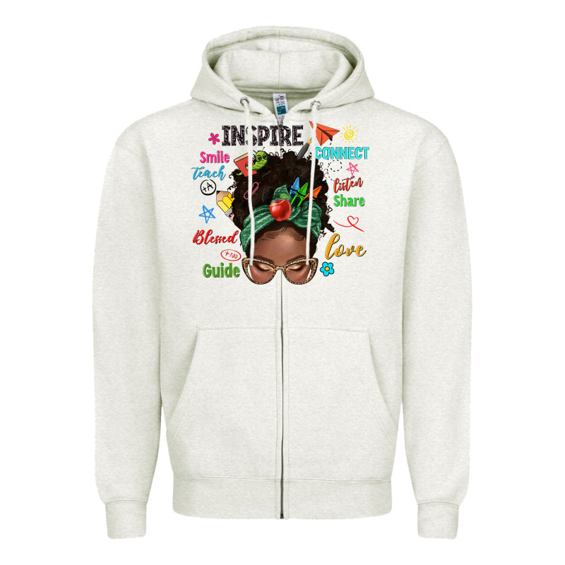 Afro Messy Bun Teach Inspire Love Teacher Blessed Zipper Hoodie by NancyCooperArtShop | Teevron