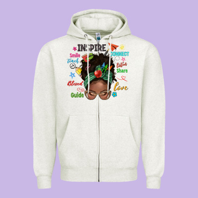 Afro Messy Bun Teach Inspire Love Teacher Blessed Zipper Hoodie Designed By Nancycooperartshop
