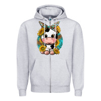 Heather Grey cute cow with sunflower and leopard Zipper Hoodie - texasbilliewilder