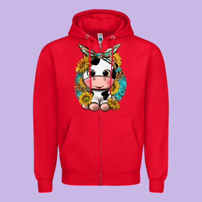 Cute Cow With Sunflower And Leopard Zipper Hoodie Designed By Texasbilliewilder