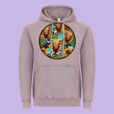 Highland Cow Pattern Vintage Hoodie Designed By Jasminsmagicworld