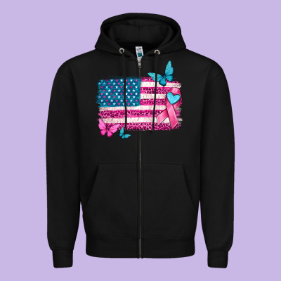 American Flag Breast Cancer With Ribbon Zipper Hoodie Designed By Texasbilliewilder