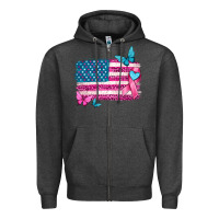 Charcoal Heather american flag breast cancer with ribbon Zipper Hoodie - texasbilliewilder