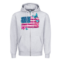 Heather Grey american flag breast cancer with ribbon Zipper Hoodie - texasbilliewilder