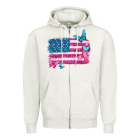 Oatmeal Heather american flag breast cancer with ribbon Zipper Hoodie - texasbilliewilder