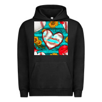 Pigment Black baseball hearts and sunflowers with turquoise gemstone seamless patter Urban Hoodie - BundleAndBundleShop