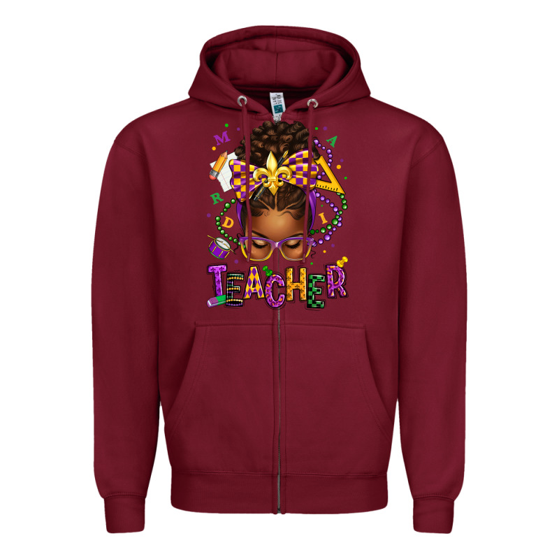Mardi Gras Teacher Afro Messy Bun Zipper Hoodie by texasbilliewilder | Teevron