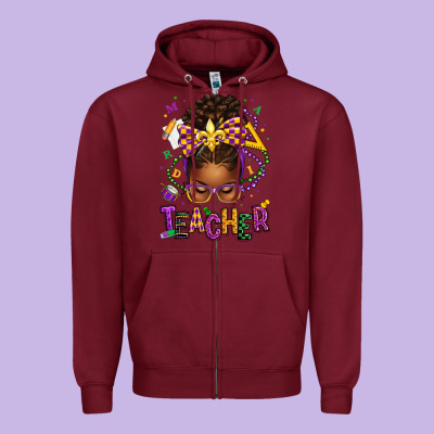 Mardi Gras Teacher Afro Messy Bun Zipper Hoodie Designed By Texasbilliewilder