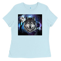 Baby Blue wolf and full moon Ladies Tee - RanaPortraitStore