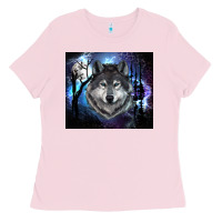 Bubblegum Pink wolf and full moon Ladies Tee - RanaPortraitStore