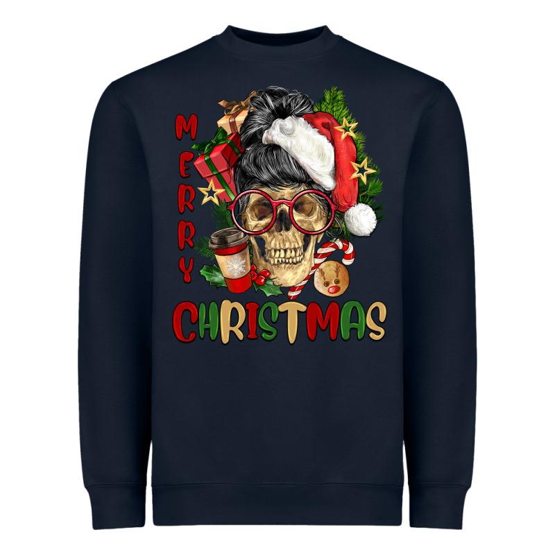 Merry Christmas Skeleton Messy Bun Heavyweight Sweatshirt by NancyCooperArtShop | Teevron